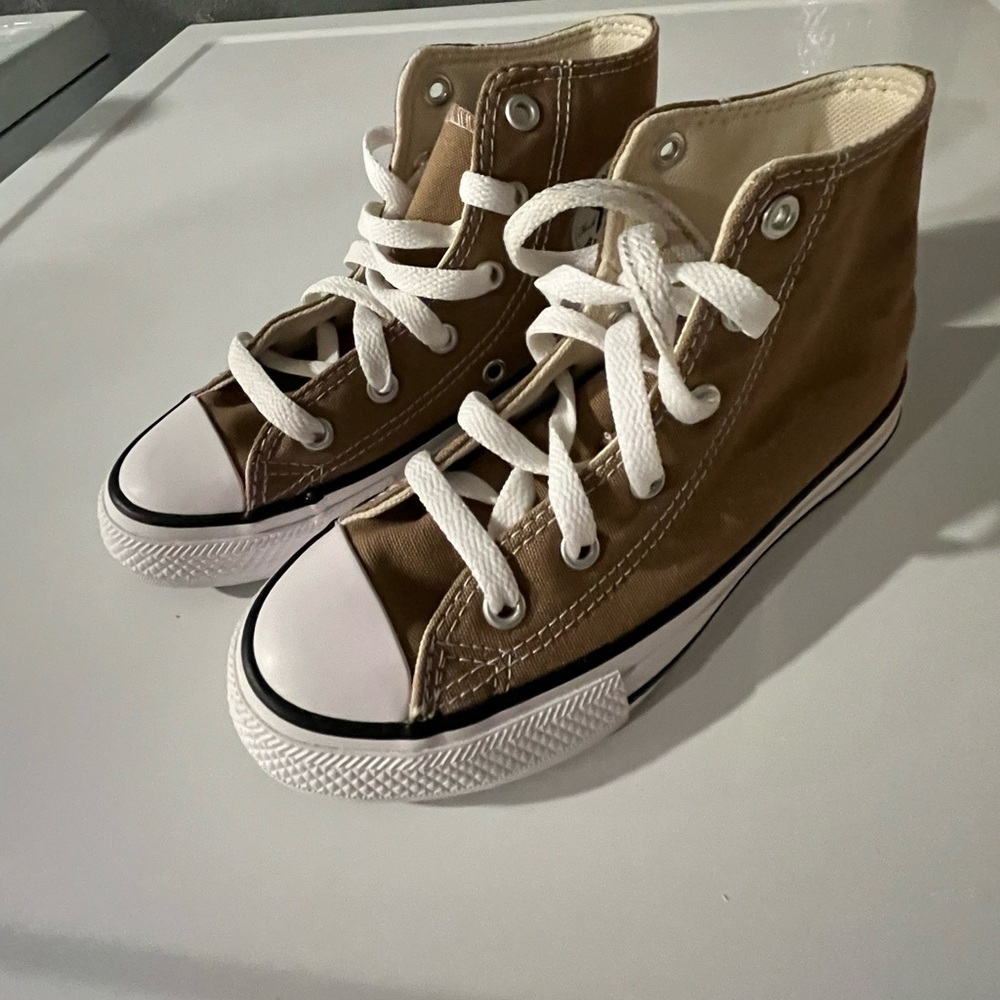 Tan High-Top Sneakers with White Laces